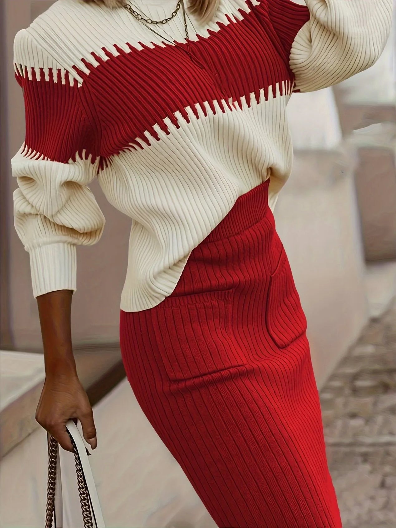 Two-Tone Ribbed Knit Top and Skirt Sweater Set - SwagglyLife Home & Fashion
